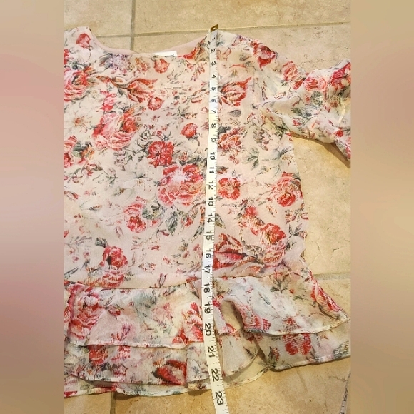 Adrienne Vittadini Ruffle Floral Top, Cream & Pink Floral, Small - Picture 6 of 9
